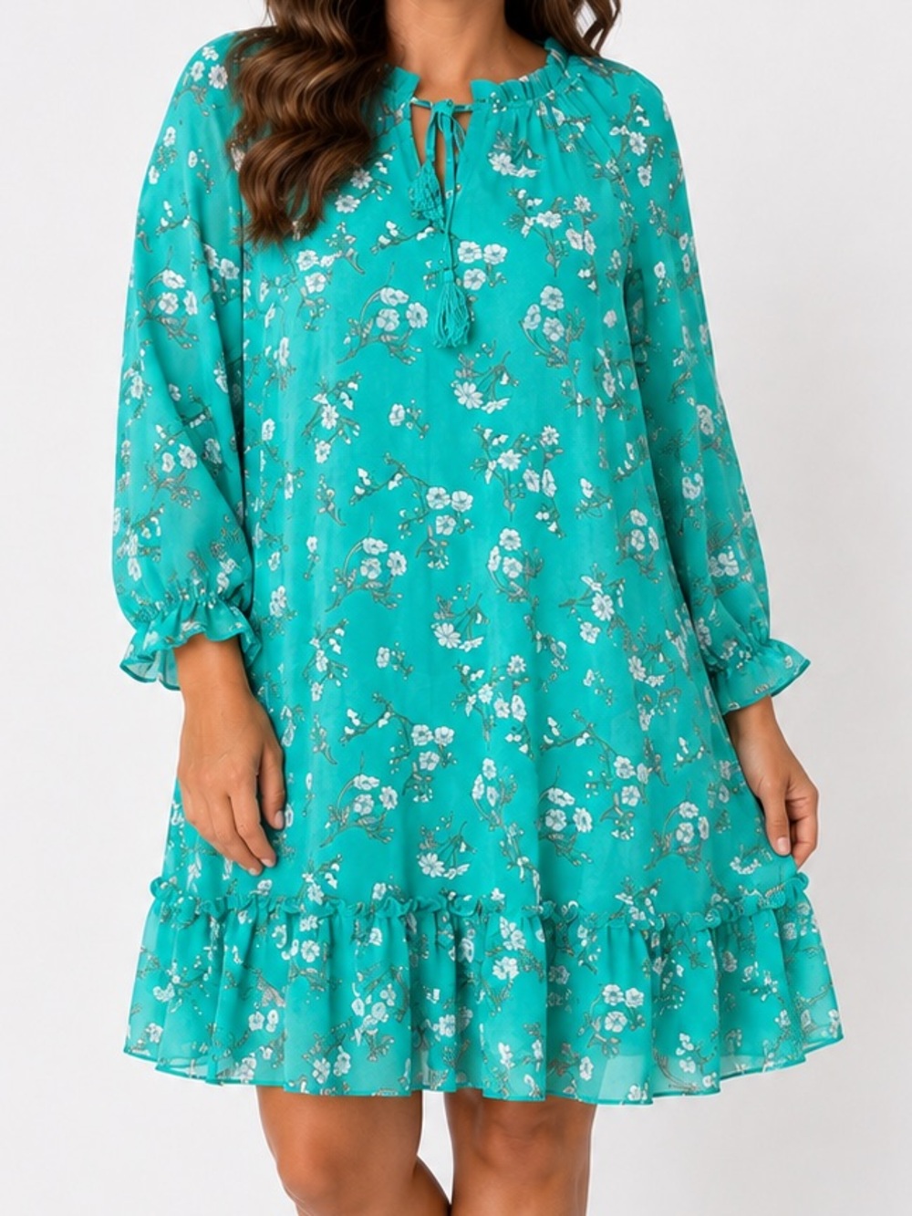 Luxology 3X Teal Floral Tassel Tie Ruffle Hem Shift Dress Boho Plus Size